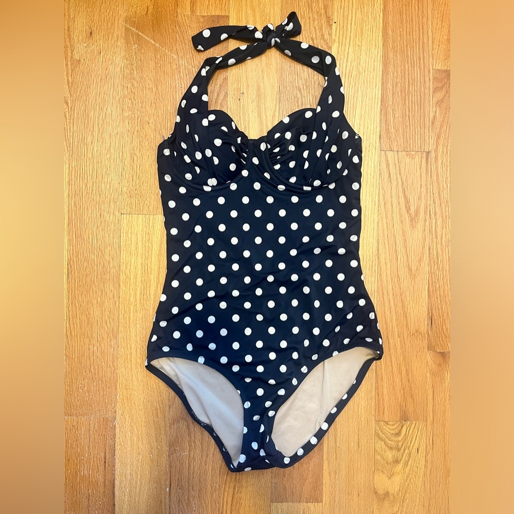 J. Crew Navy Polka Dot One-Piece Swimsuit